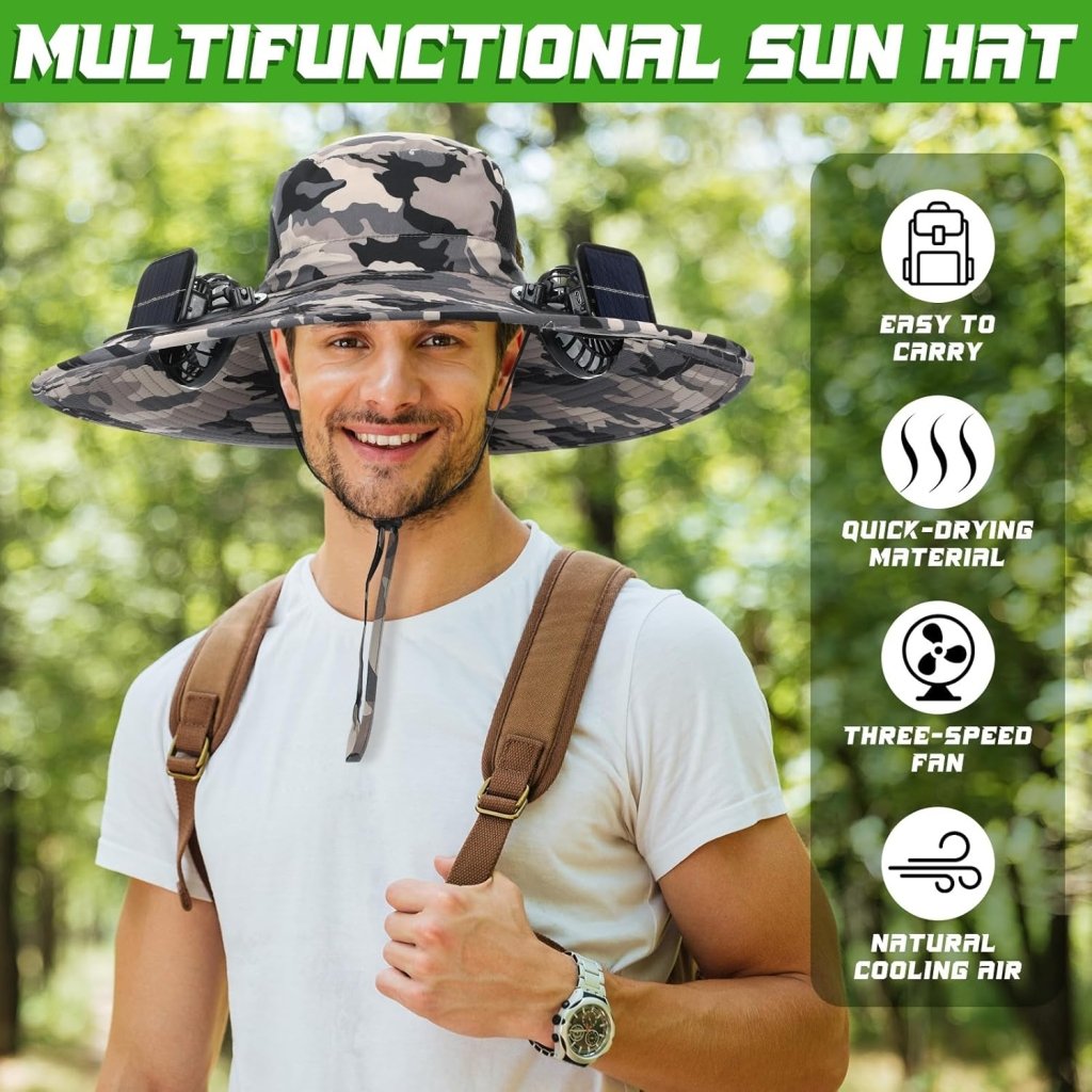 Berlune Men Sun Hat with 2 Solar Fan Fishing Wide Brim Sun Hat for Outdoor Summer Camping Beach, USB & Solar Powered - Wigtrends