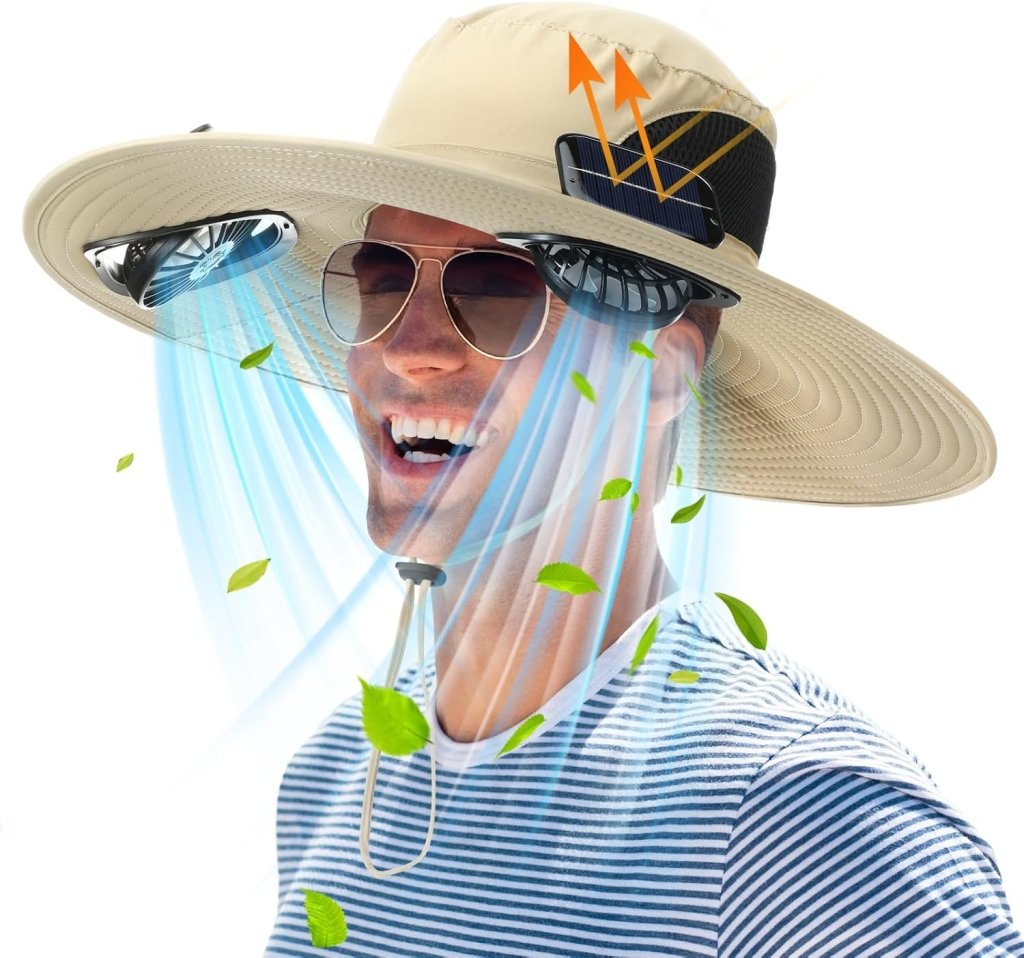 Berlune Men Sun Hat with 2 Solar Fan Fishing Wide Brim Sun Hat for Outdoor Summer Camping Beach, USB & Solar Powered - Wigtrends