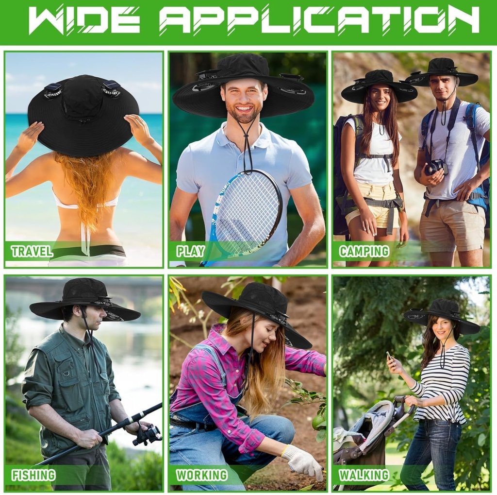 Berlune Men Sun Hat with 2 Solar Fan Fishing Wide Brim Sun Hat for Outdoor Summer Camping Beach, USB & Solar Powered - Wigtrends