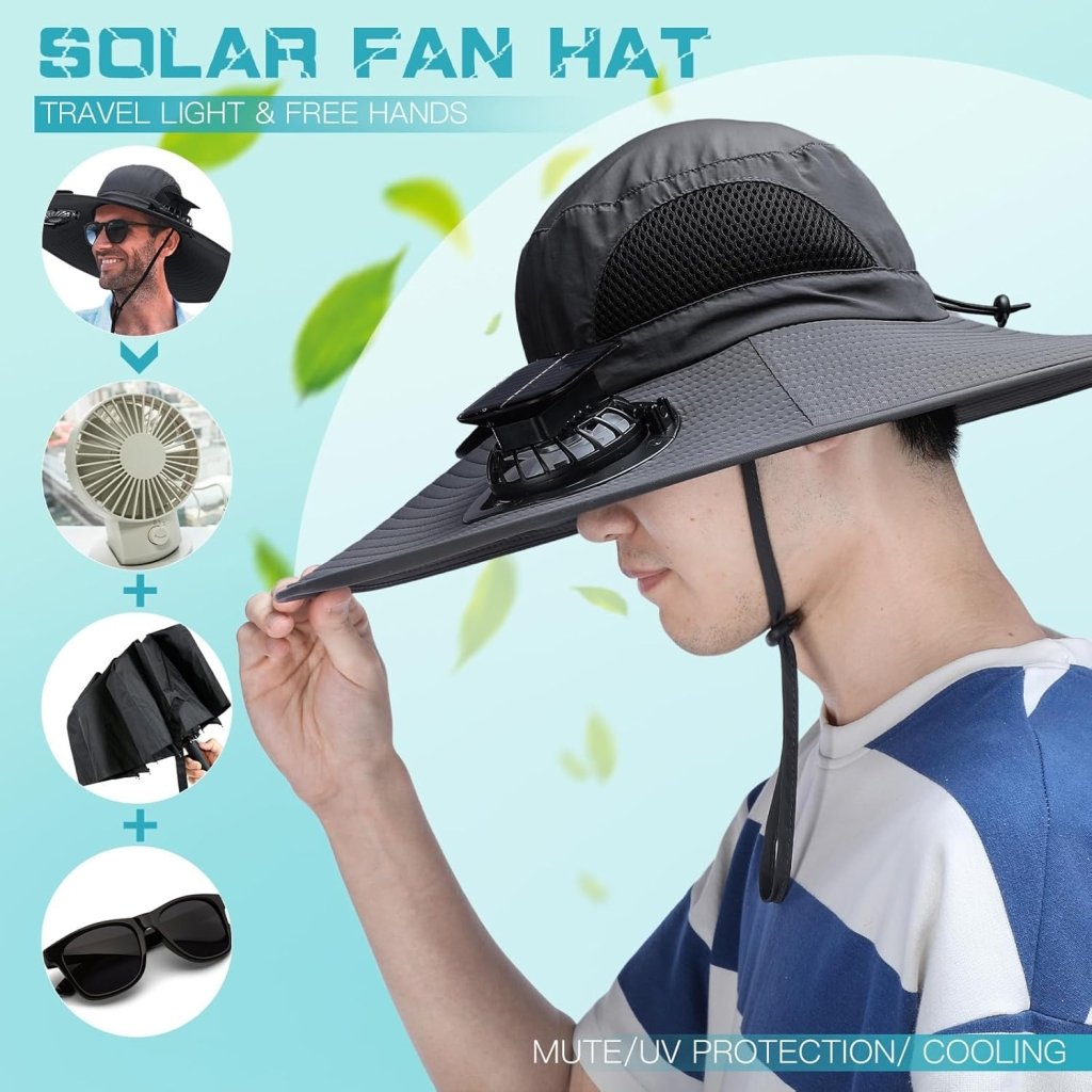 Berlune Men Sun Hat with 2 Solar Fan Fishing Wide Brim Sun Hat for Outdoor Summer Camping Beach, USB & Solar Powered - Wigtrends