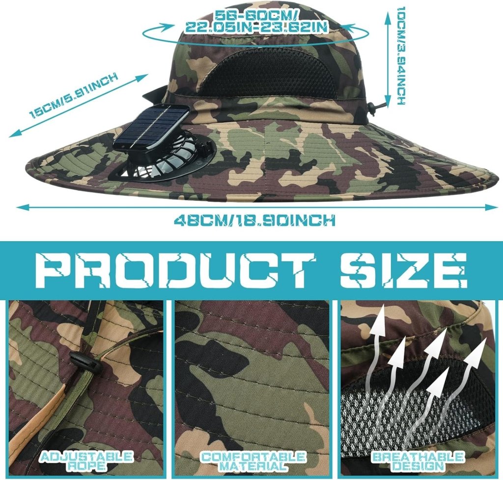 Berlune Men Sun Hat with 2 Solar Fan Fishing Wide Brim Sun Hat for Outdoor Summer Camping Beach, USB & Solar Powered - Wigtrends
