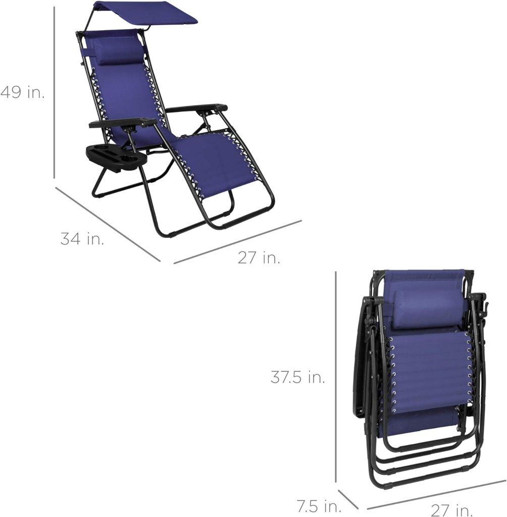 Best Choice Products Folding Zero Gravity Outdoor Recliner Patio Lounge Chair w/Adjustable Canopy Shade, Headrest, Side Accessory Tray, Textilene Mesh - Peacock Blue - Wigtrends