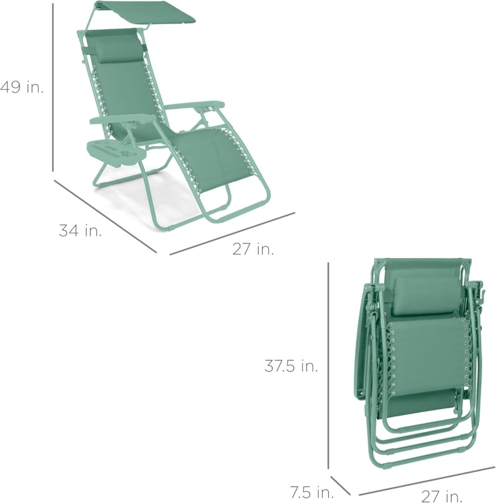 Best Choice Products Folding Zero Gravity Outdoor Recliner Patio Lounge Chair w/Adjustable Canopy Shade, Headrest, Side Accessory Tray, Textilene Mesh - Peacock Blue - Wigtrends