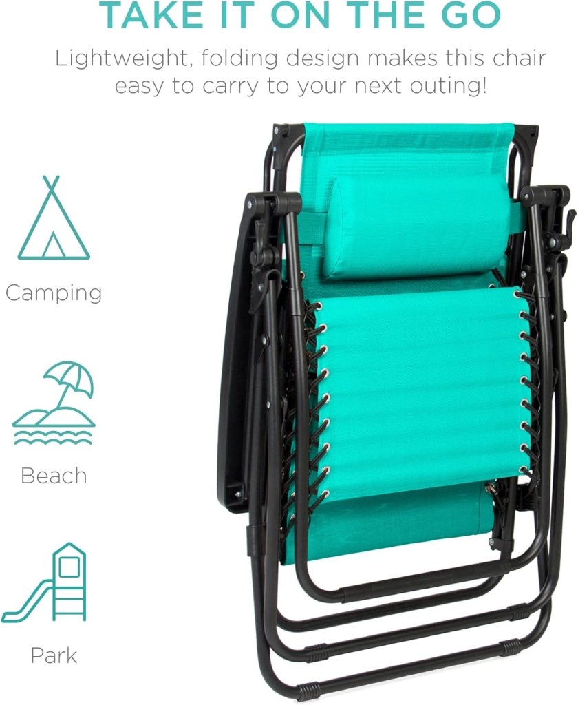 Best Choice Products Folding Zero Gravity Outdoor Recliner Patio Lounge Chair w/Adjustable Canopy Shade, Headrest, Side Accessory Tray, Textilene Mesh - Peacock Blue - Wigtrends
