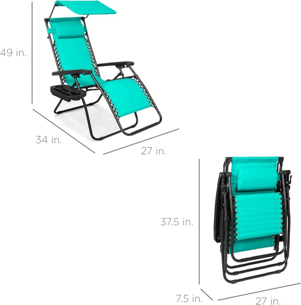 Best Choice Products Folding Zero Gravity Outdoor Recliner Patio Lounge Chair w/Adjustable Canopy Shade, Headrest, Side Accessory Tray, Textilene Mesh - Peacock Blue - Wigtrends
