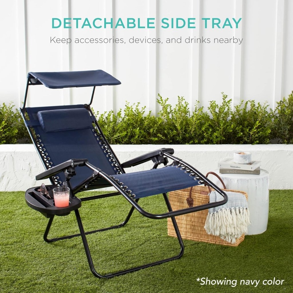Best Choice Products Folding Zero Gravity Outdoor Recliner Patio Lounge Chair w/Adjustable Canopy Shade, Headrest, Side Accessory Tray, Textilene Mesh - Peacock Blue - Wigtrends
