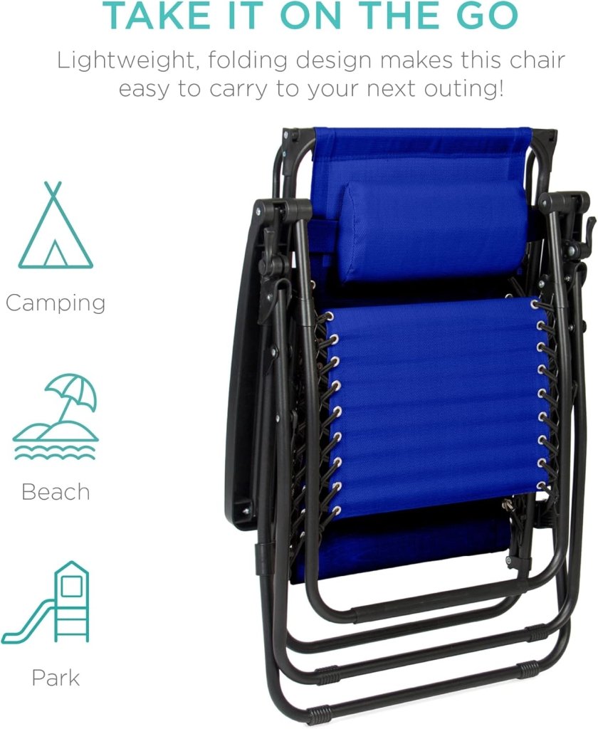Best Choice Products Folding Zero Gravity Outdoor Recliner Patio Lounge Chair w/Adjustable Canopy Shade, Headrest, Side Accessory Tray, Textilene Mesh - Peacock Blue - Wigtrends