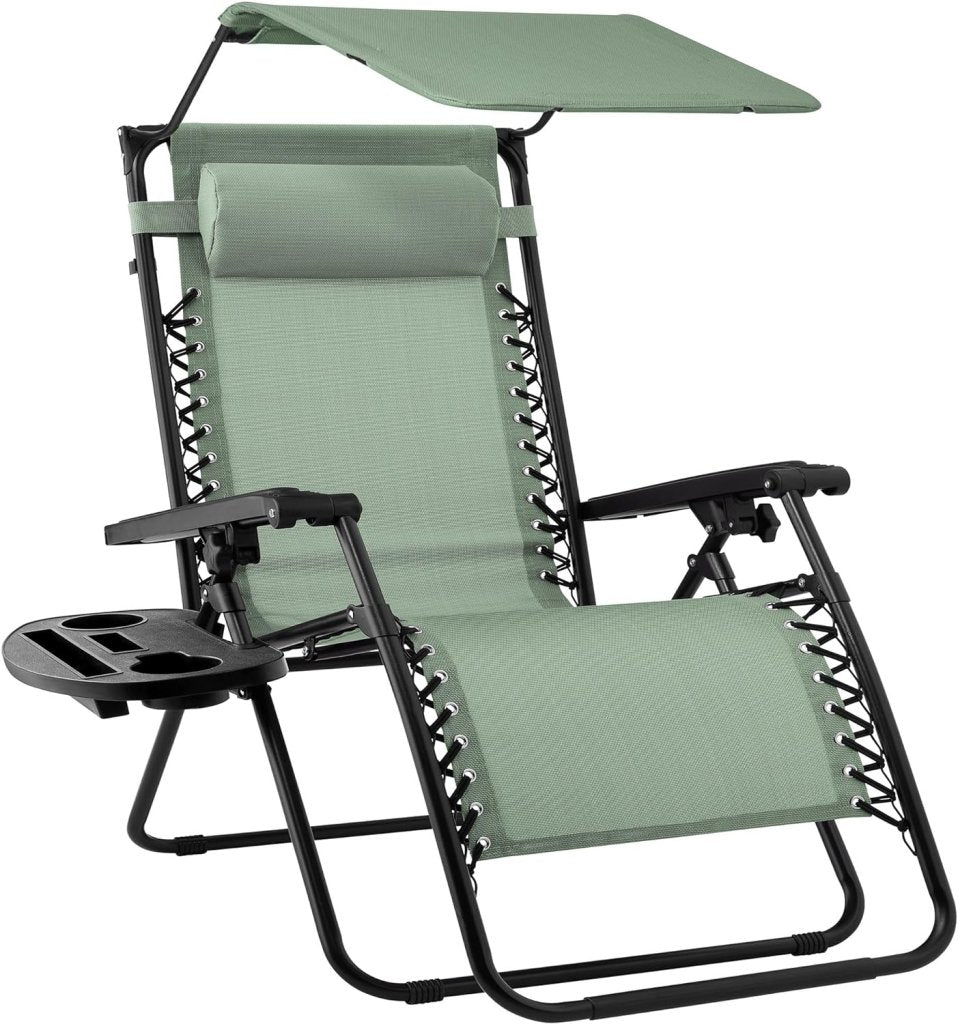 Best Choice Products Folding Zero Gravity Outdoor Recliner Patio Lounge Chair w/Adjustable Canopy Shade, Headrest, Side Accessory Tray, Textilene Mesh - Peacock Blue - Wigtrends