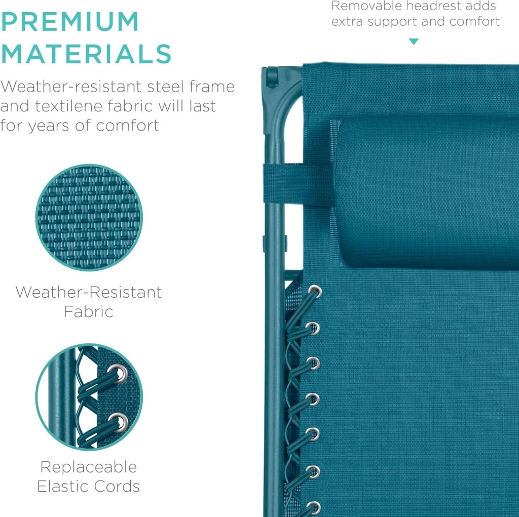 Best Choice Products Folding Zero Gravity Outdoor Recliner Patio Lounge Chair w/Adjustable Canopy Shade, Headrest, Side Accessory Tray, Textilene Mesh - Peacock Blue - Wigtrends