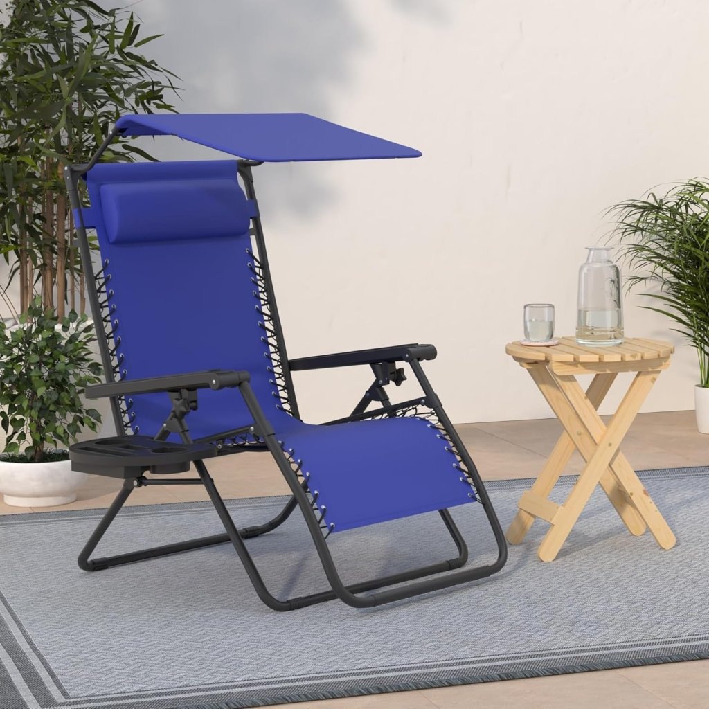 Best Choice Products Folding Zero Gravity Outdoor Recliner Patio Lounge Chair w/Adjustable Canopy Shade, Headrest, Side Accessory Tray, Textilene Mesh - Peacock Blue - Wigtrends
