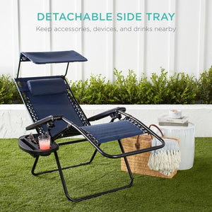 Best Choice Products Folding Zero Gravity Outdoor Recliner Patio Lounge Chair w/Adjustable Canopy Shade, Headrest, Side Accessory Tray, Textilene Mesh - Peacock Blue - Wigtrends