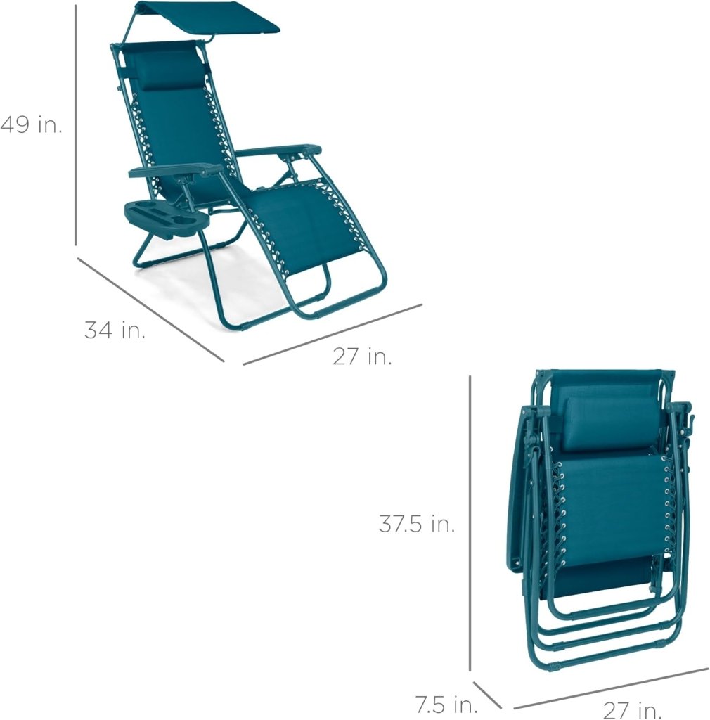 Best Choice Products Folding Zero Gravity Outdoor Recliner Patio Lounge Chair w/Adjustable Canopy Shade, Headrest, Side Accessory Tray, Textilene Mesh - Peacock Blue - Wigtrends