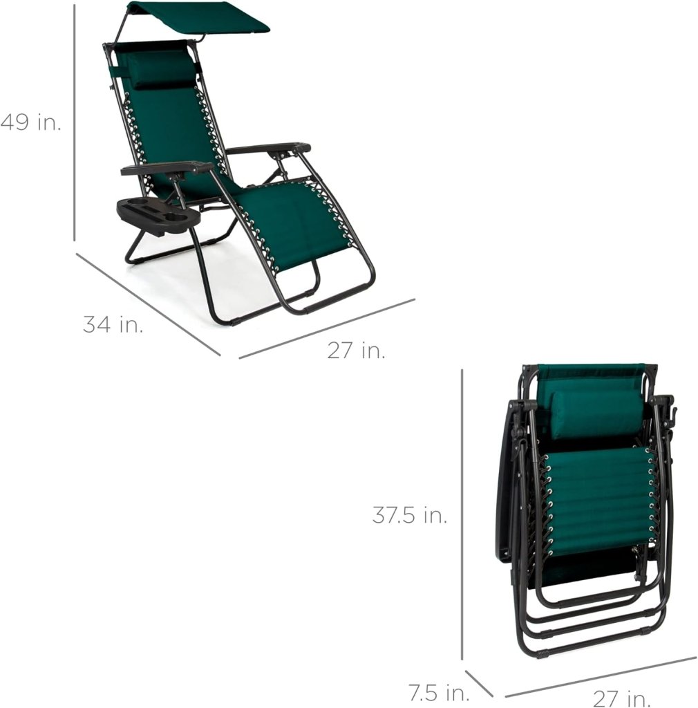 Best Choice Products Folding Zero Gravity Outdoor Recliner Patio Lounge Chair w/Adjustable Canopy Shade, Headrest, Side Accessory Tray, Textilene Mesh - Peacock Blue - Wigtrends