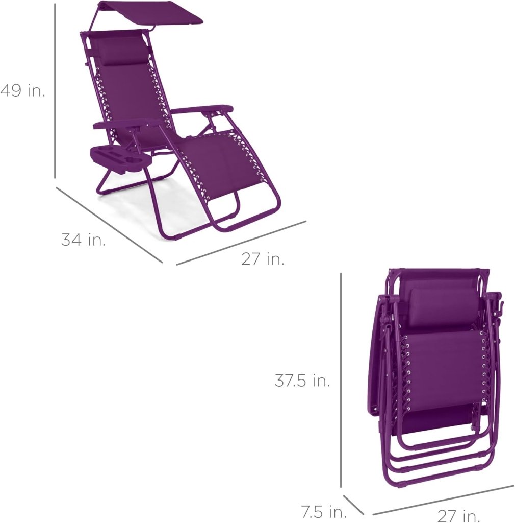 Best Choice Products Folding Zero Gravity Outdoor Recliner Patio Lounge Chair w/Adjustable Canopy Shade, Headrest, Side Accessory Tray, Textilene Mesh - Peacock Blue - Wigtrends