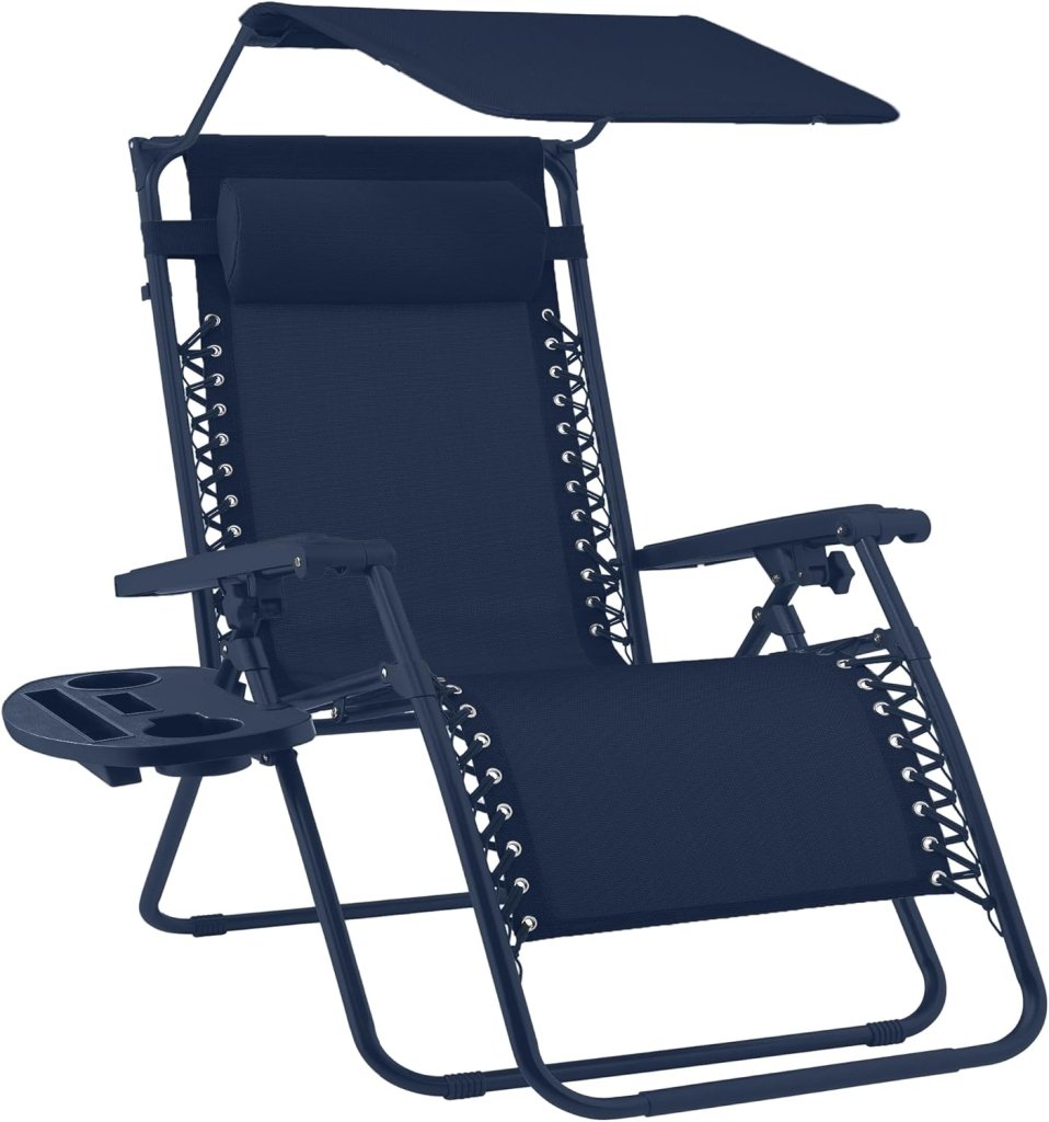 Best Choice Products Folding Zero Gravity Outdoor Recliner Patio Lounge Chair w/Adjustable Canopy Shade, Headrest, Side Accessory Tray, Textilene Mesh - Peacock Blue - Wigtrends