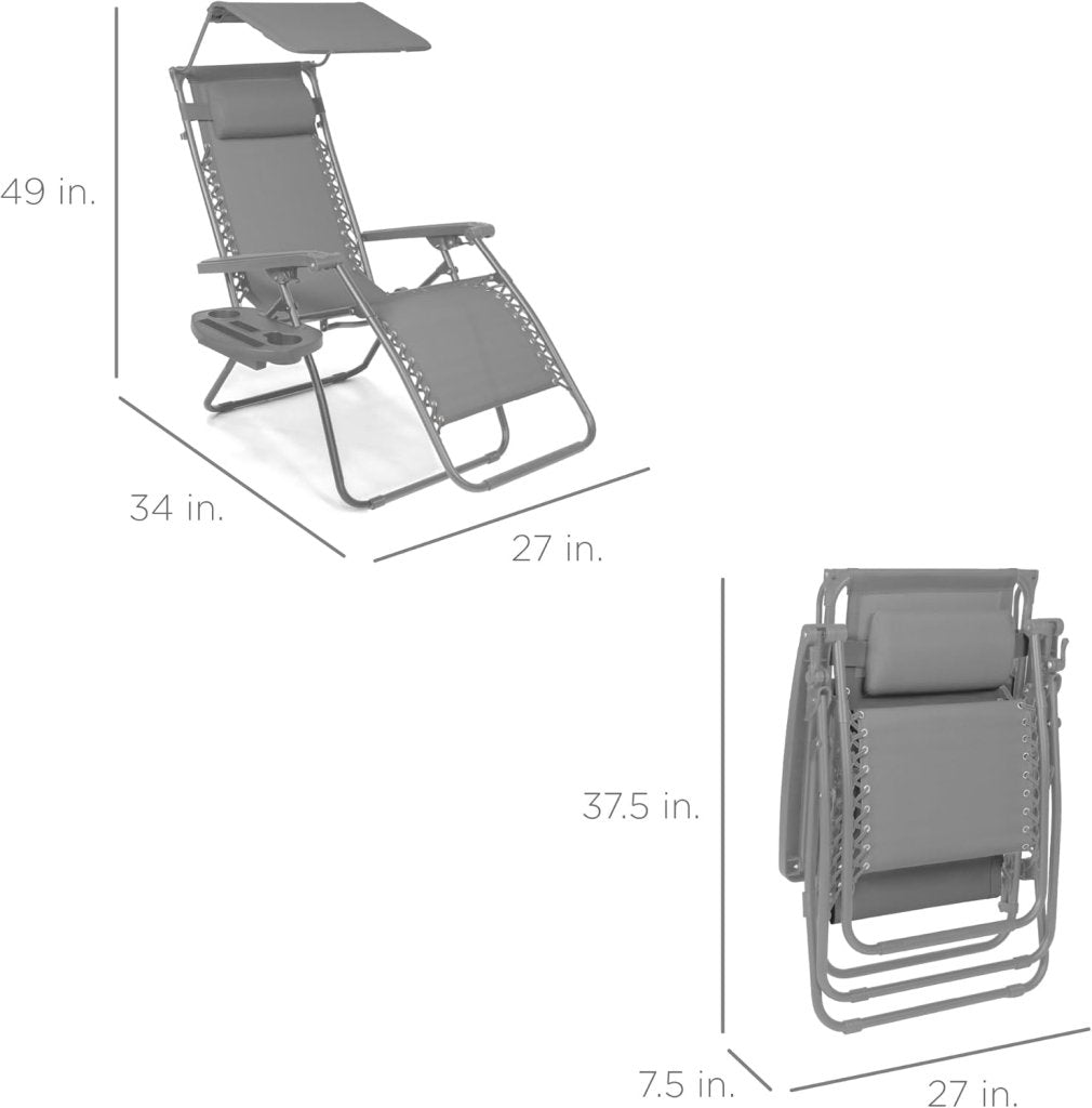 Best Choice Products Folding Zero Gravity Outdoor Recliner Patio Lounge Chair w/Adjustable Canopy Shade, Headrest, Side Accessory Tray, Textilene Mesh - Peacock Blue - Wigtrends
