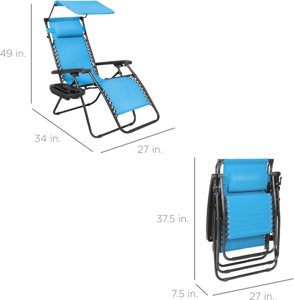 Best Choice Products Folding Zero Gravity Outdoor Recliner Patio Lounge Chair w/Adjustable Canopy Shade, Headrest, Side Accessory Tray, Textilene Mesh - Peacock Blue - Wigtrends