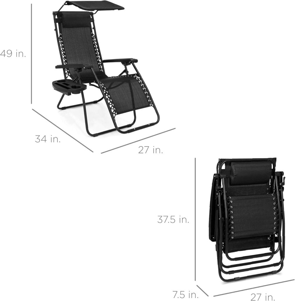 Best Choice Products Folding Zero Gravity Outdoor Recliner Patio Lounge Chair w/Adjustable Canopy Shade, Headrest, Side Accessory Tray, Textilene Mesh - Peacock Blue - Wigtrends