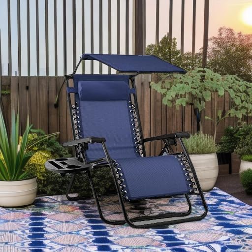 Best Choice Products Folding Zero Gravity Outdoor Recliner Patio Lounge Chair w/Adjustable Canopy Shade, Headrest, Side Accessory Tray, Textilene Mesh - Peacock Blue - Wigtrends