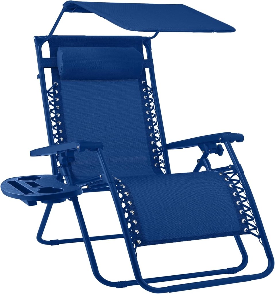 Best Choice Products Folding Zero Gravity Outdoor Recliner Patio Lounge Chair w/Adjustable Canopy Shade, Headrest, Side Accessory Tray, Textilene Mesh - Peacock Blue - Wigtrends