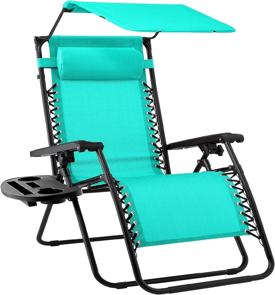 Best Choice Products Folding Zero Gravity Outdoor Recliner Patio Lounge Chair w/Adjustable Canopy Shade, Headrest, Side Accessory Tray, Textilene Mesh - Peacock Blue - Wigtrends