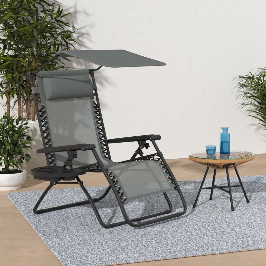 Best Choice Products Folding Zero Gravity Outdoor Recliner Patio Lounge Chair w/Adjustable Canopy Shade, Headrest, Side Accessory Tray, Textilene Mesh - Peacock Blue - Wigtrends