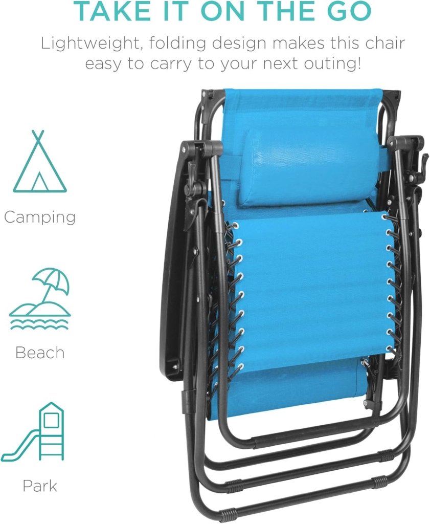 Best Choice Products Folding Zero Gravity Outdoor Recliner Patio Lounge Chair w/Adjustable Canopy Shade, Headrest, Side Accessory Tray, Textilene Mesh - Peacock Blue - Wigtrends