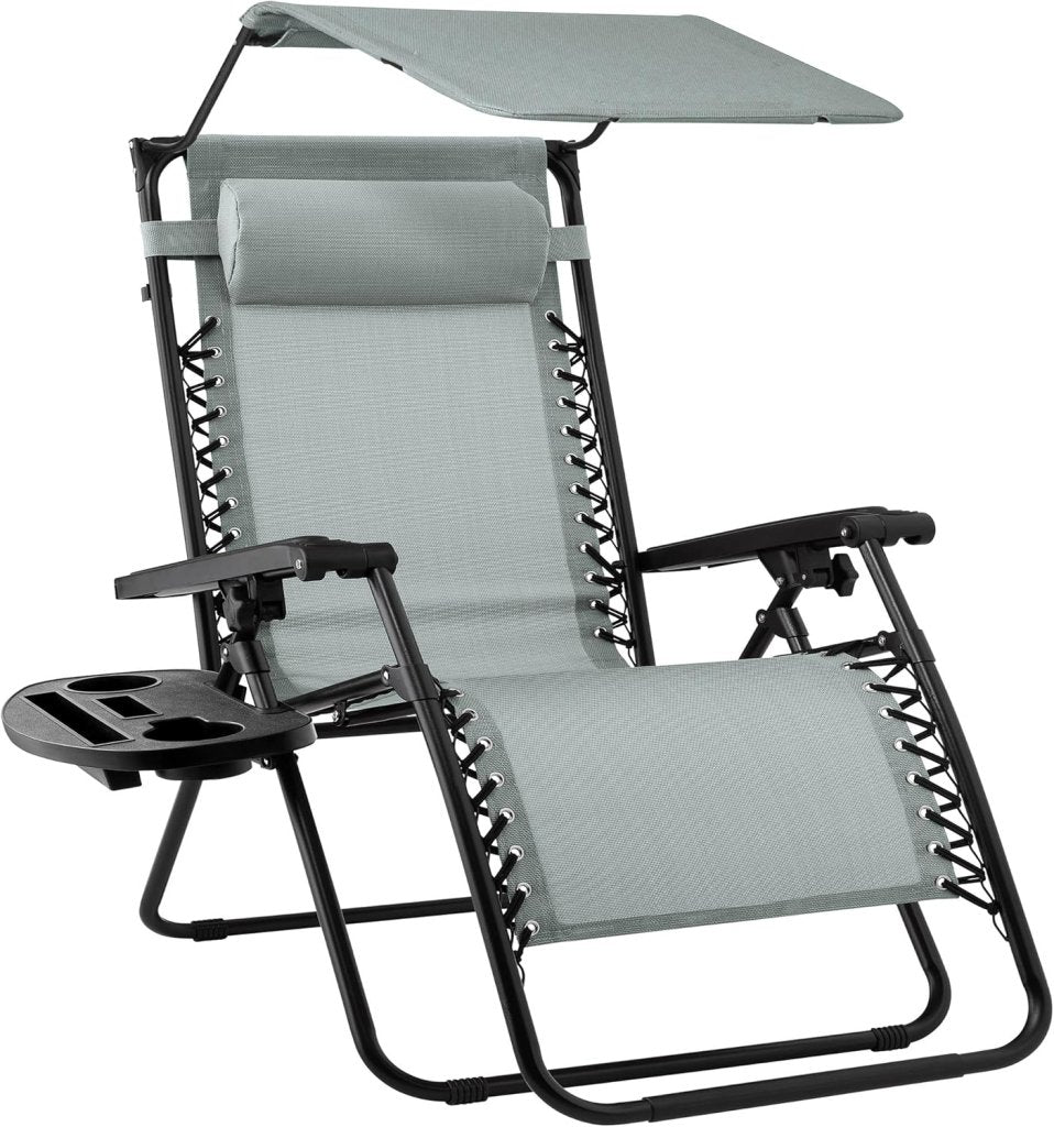 Best Choice Products Folding Zero Gravity Outdoor Recliner Patio Lounge Chair w/Adjustable Canopy Shade, Headrest, Side Accessory Tray, Textilene Mesh - Peacock Blue - Wigtrends