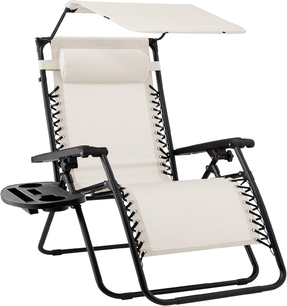 Best Choice Products Folding Zero Gravity Outdoor Recliner Patio Lounge Chair w/Adjustable Canopy Shade, Headrest, Side Accessory Tray, Textilene Mesh - Peacock Blue - Wigtrends