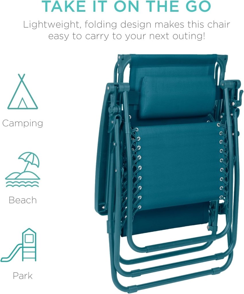 Best Choice Products Folding Zero Gravity Outdoor Recliner Patio Lounge Chair w/Adjustable Canopy Shade, Headrest, Side Accessory Tray, Textilene Mesh - Peacock Blue - Wigtrends