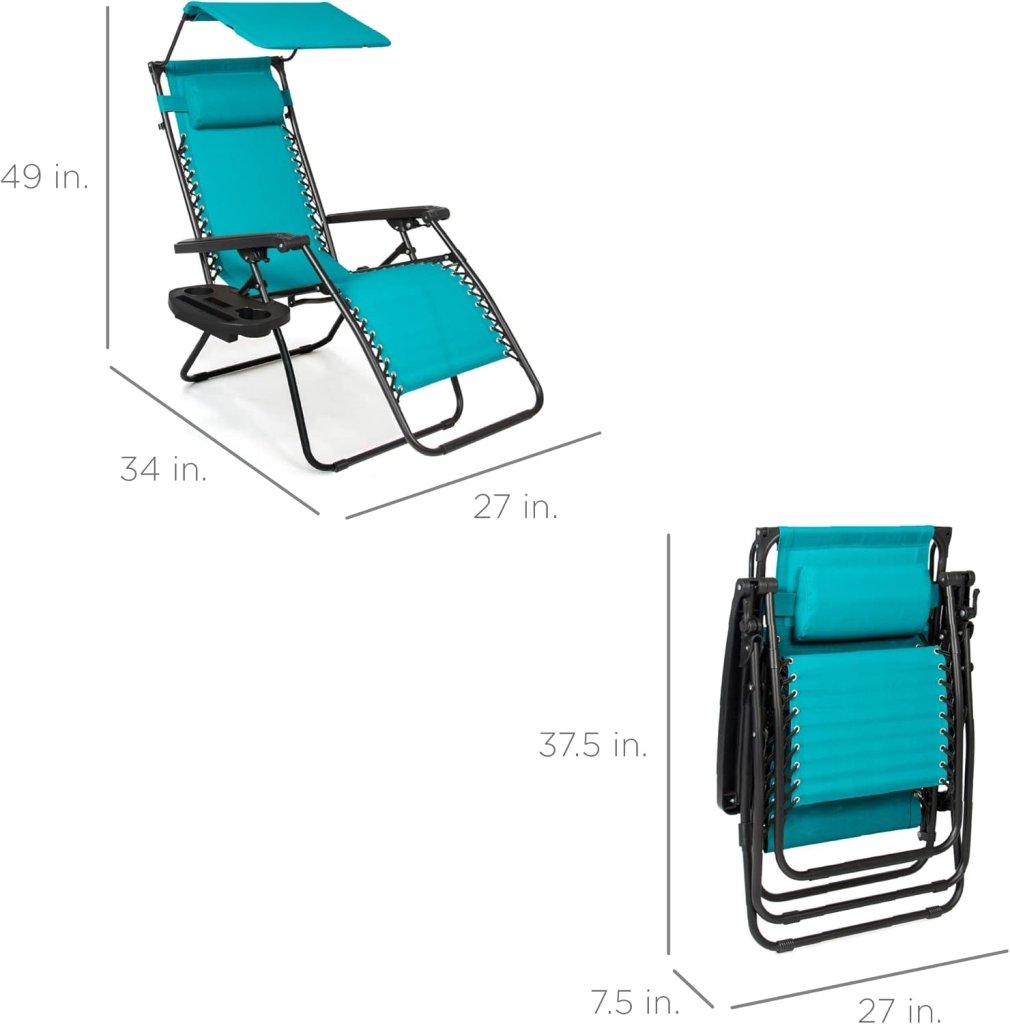 Best Choice Products Folding Zero Gravity Outdoor Recliner Patio Lounge Chair w/Adjustable Canopy Shade, Headrest, Side Accessory Tray, Textilene Mesh - Peacock Blue - Wigtrends