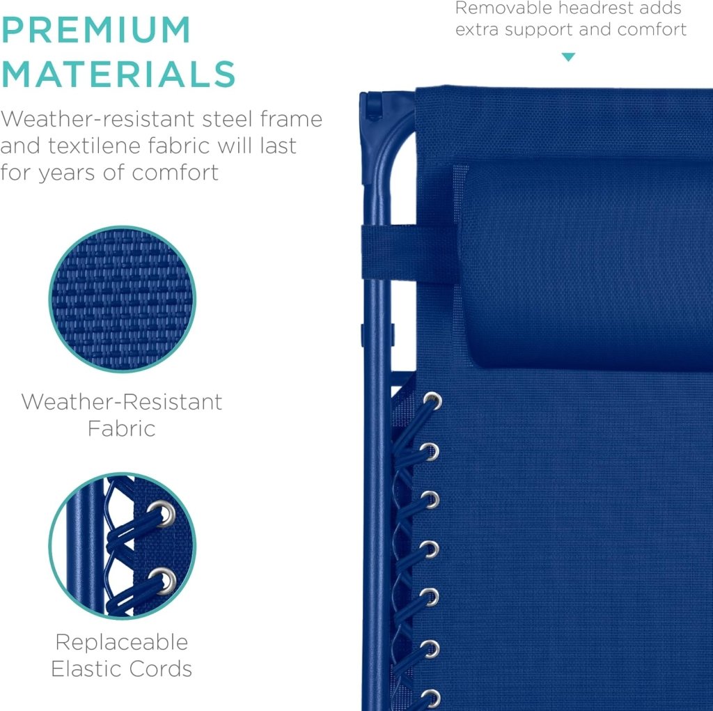Best Choice Products Folding Zero Gravity Outdoor Recliner Patio Lounge Chair w/Adjustable Canopy Shade, Headrest, Side Accessory Tray, Textilene Mesh - Peacock Blue - Wigtrends