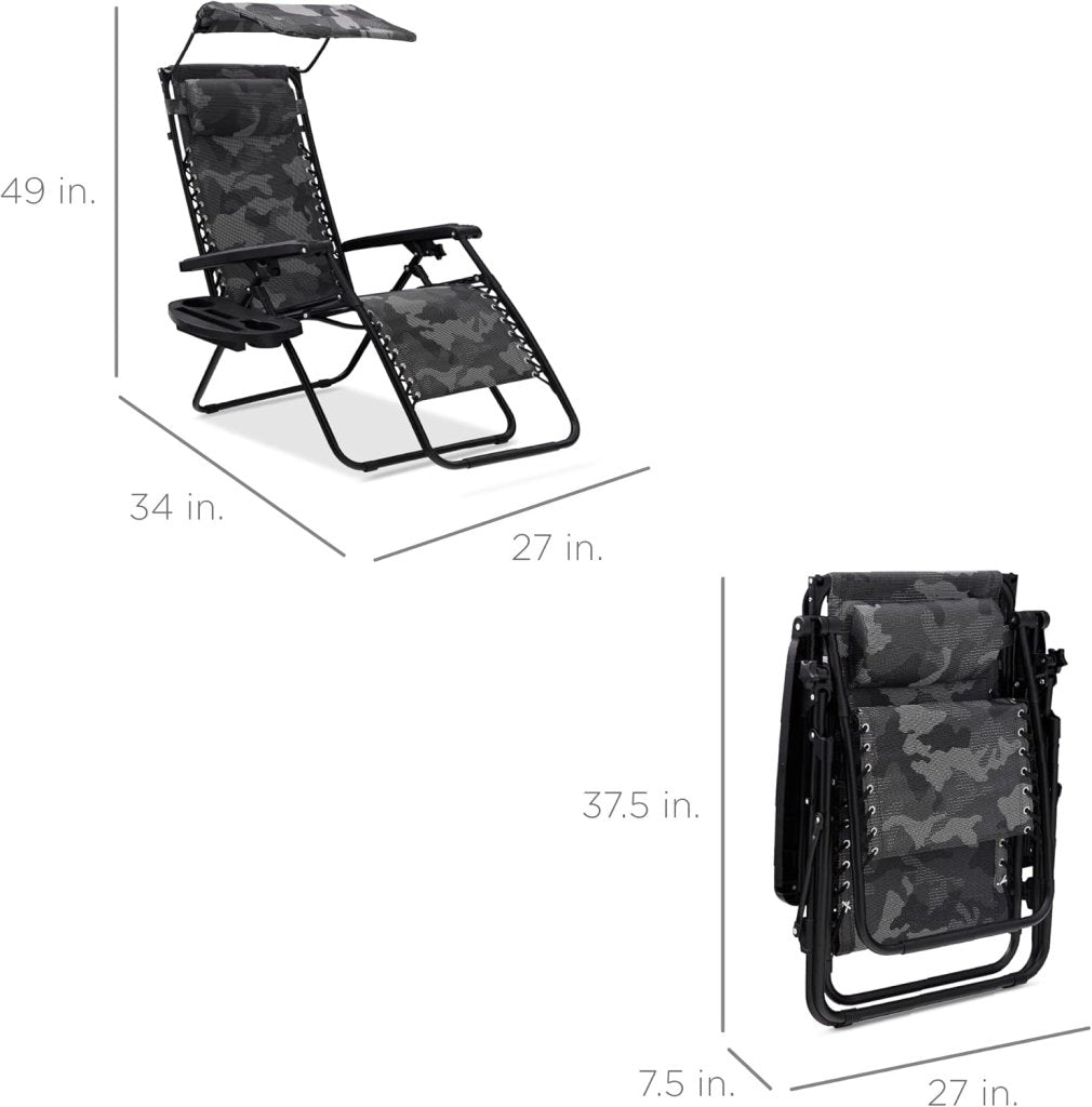 Best Choice Products Folding Zero Gravity Outdoor Recliner Patio Lounge Chair w/Adjustable Canopy Shade, Headrest, Side Accessory Tray, Textilene Mesh - Peacock Blue - Wigtrends