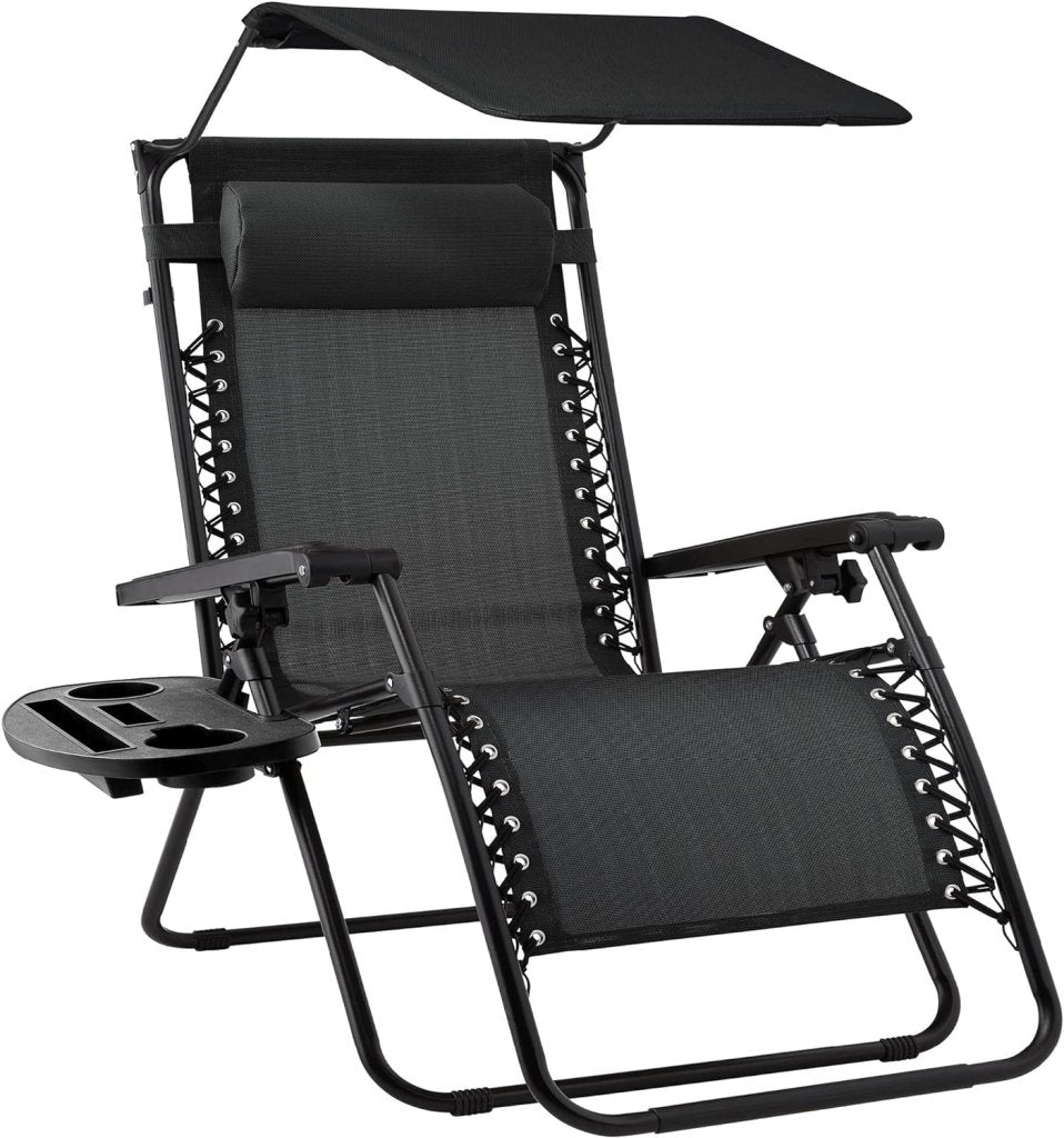 Best Choice Products Folding Zero Gravity Outdoor Recliner Patio Lounge Chair w/Adjustable Canopy Shade, Headrest, Side Accessory Tray, Textilene Mesh - Peacock Blue - Wigtrends