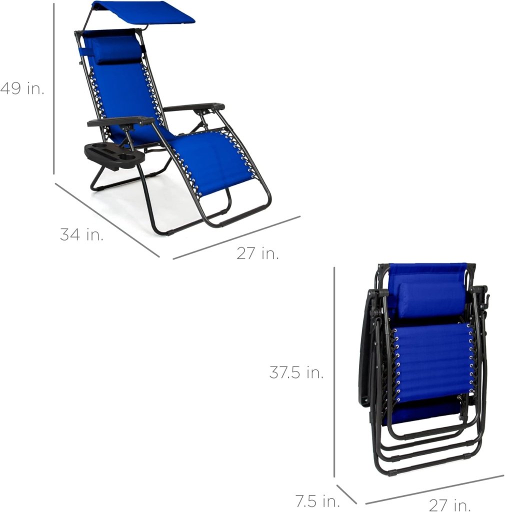 Best Choice Products Folding Zero Gravity Outdoor Recliner Patio Lounge Chair w/Adjustable Canopy Shade, Headrest, Side Accessory Tray, Textilene Mesh - Peacock Blue - Wigtrends