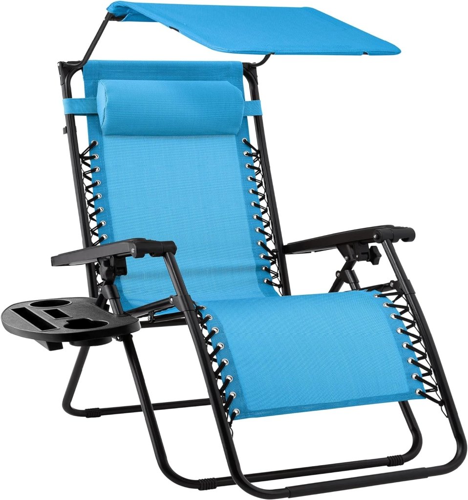 Best Choice Products Folding Zero Gravity Outdoor Recliner Patio Lounge Chair w/Adjustable Canopy Shade, Headrest, Side Accessory Tray, Textilene Mesh - Peacock Blue - Wigtrends