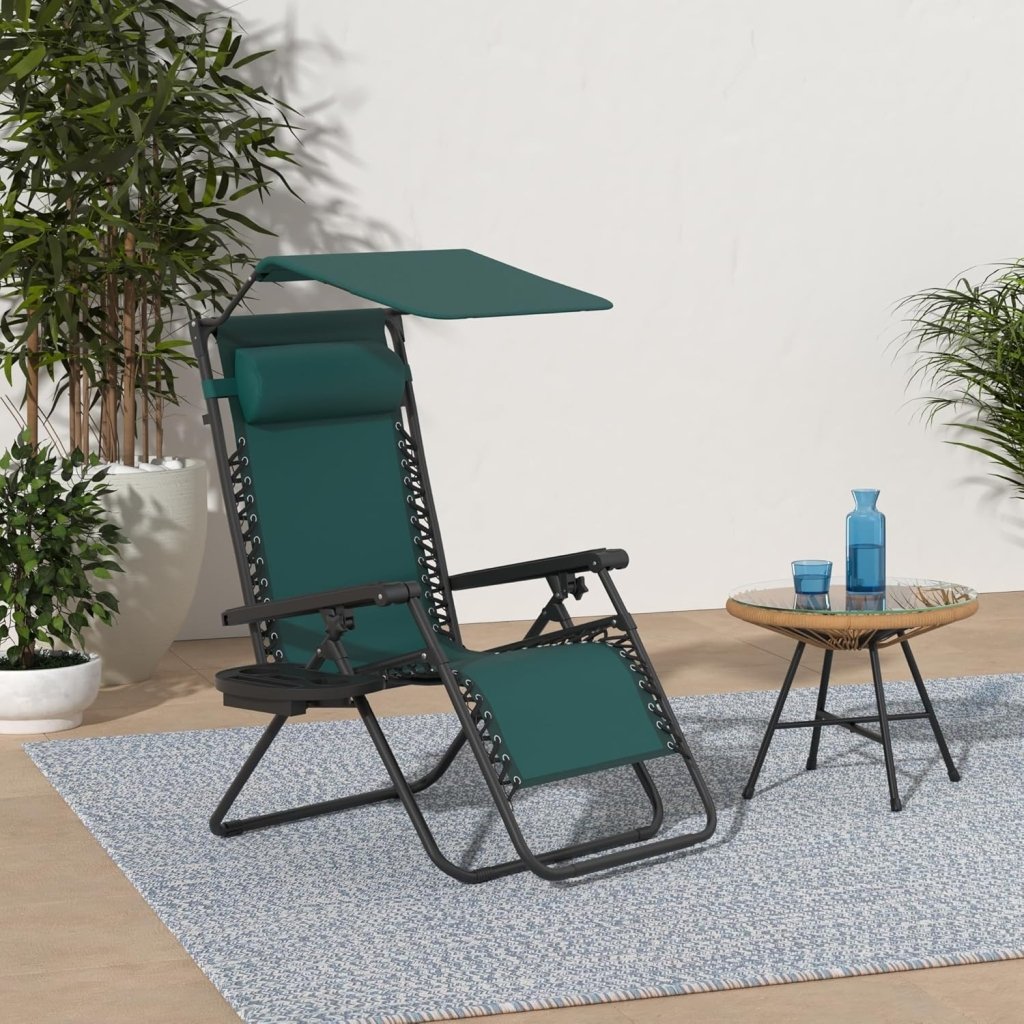 Best Choice Products Folding Zero Gravity Outdoor Recliner Patio Lounge Chair w/Adjustable Canopy Shade, Headrest, Side Accessory Tray, Textilene Mesh - Peacock Blue - Wigtrends
