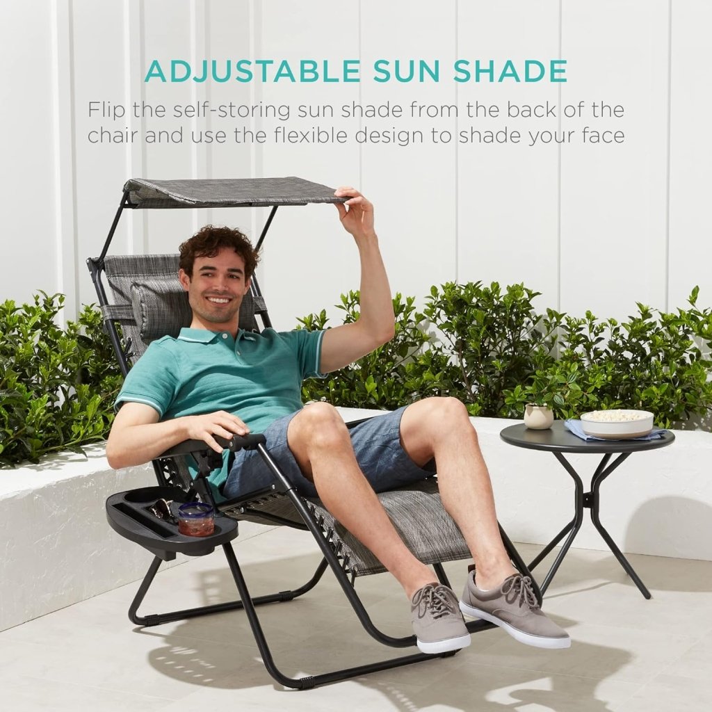 Best Choice Products Folding Zero Gravity Outdoor Recliner Patio Lounge Chair w/Adjustable Canopy Shade, Headrest, Side Accessory Tray, Textilene Mesh - Peacock Blue - Wigtrends