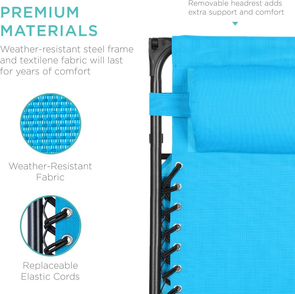 Best Choice Products Folding Zero Gravity Outdoor Recliner Patio Lounge Chair w/Adjustable Canopy Shade, Headrest, Side Accessory Tray, Textilene Mesh - Peacock Blue - Wigtrends