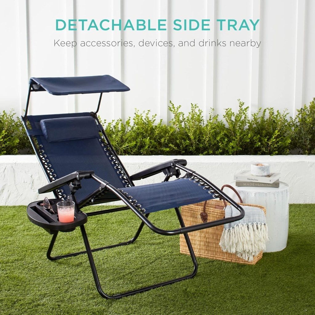 Best Choice Products Folding Zero Gravity Outdoor Recliner Patio Lounge Chair w/Adjustable Canopy Shade, Headrest, Side Accessory Tray, Textilene Mesh - Peacock Blue - Wigtrends