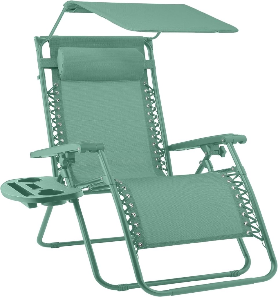 Best Choice Products Folding Zero Gravity Outdoor Recliner Patio Lounge Chair w/Adjustable Canopy Shade, Headrest, Side Accessory Tray, Textilene Mesh - Peacock Blue - Wigtrends