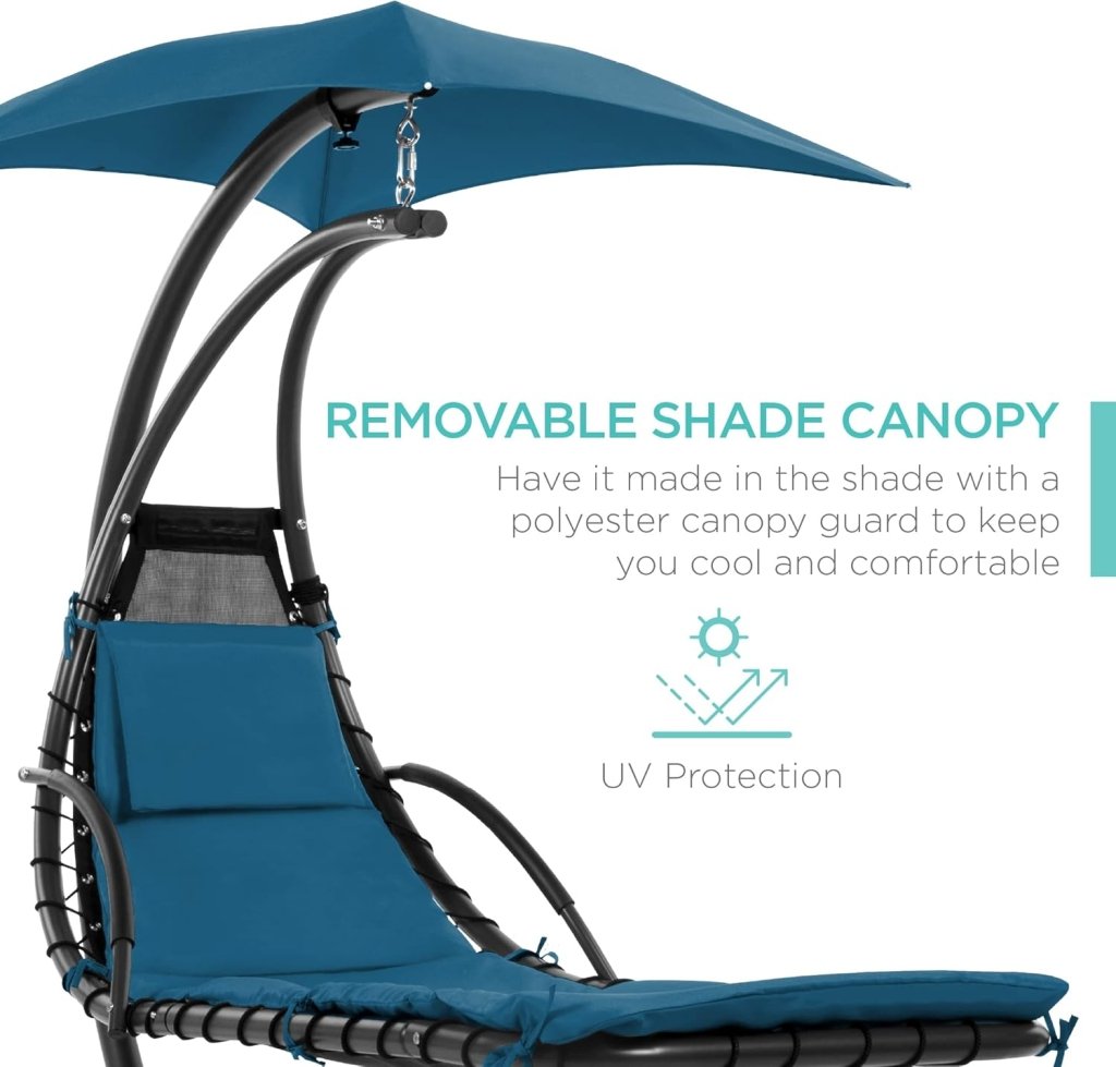 Best Choice Products Outdoor Hanging Curved Steel Chaise Lounge Chair Swing w/Built - in Pillow and Removable Canopy - Charcoal Gray - Wigtrends