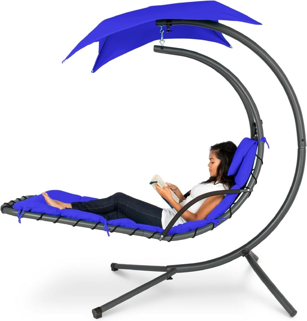 Best Choice Products Outdoor Hanging Curved Steel Chaise Lounge Chair Swing w/Built - in Pillow and Removable Canopy - Charcoal Gray - Wigtrends