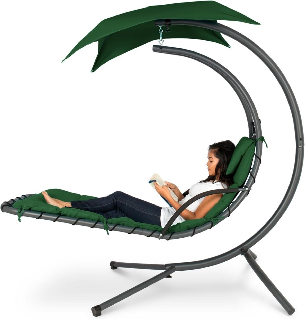 Best Choice Products Outdoor Hanging Curved Steel Chaise Lounge Chair Swing w/Built - in Pillow and Removable Canopy - Charcoal Gray - Wigtrends
