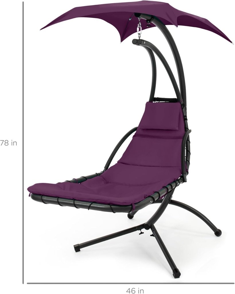Best Choice Products Outdoor Hanging Curved Steel Chaise Lounge Chair Swing w/Built - in Pillow and Removable Canopy - Charcoal Gray - Wigtrends