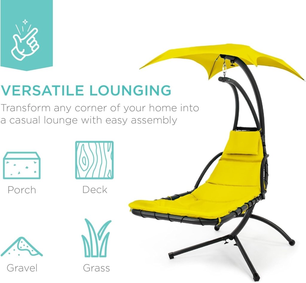 Best Choice Products Outdoor Hanging Curved Steel Chaise Lounge Chair Swing w/Built - in Pillow and Removable Canopy - Charcoal Gray - Wigtrends