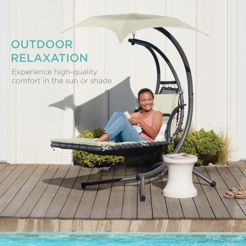 Best Choice Products Outdoor Hanging Curved Steel Chaise Lounge Chair Swing w/Built - in Pillow and Removable Canopy - Charcoal Gray - Wigtrends