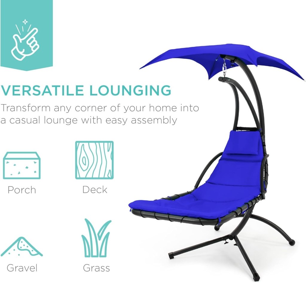 Best Choice Products Outdoor Hanging Curved Steel Chaise Lounge Chair Swing w/Built - in Pillow and Removable Canopy - Charcoal Gray - Wigtrends