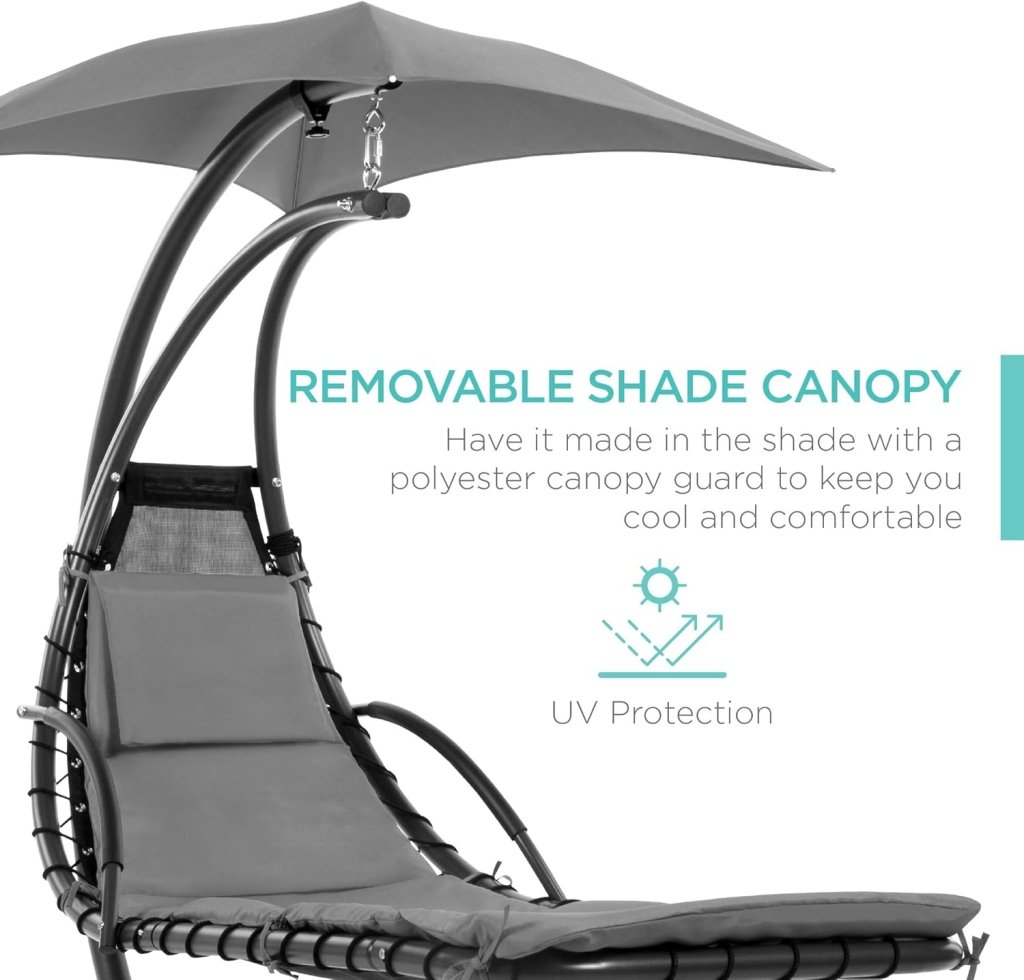 Best Choice Products Outdoor Hanging Curved Steel Chaise Lounge Chair Swing w/Built - in Pillow and Removable Canopy - Charcoal Gray - Wigtrends