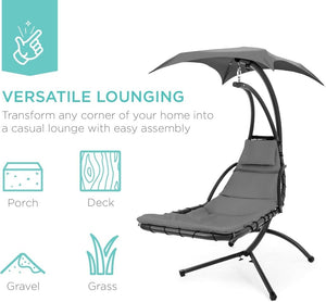 Best Choice Products Outdoor Hanging Curved Steel Chaise Lounge Chair Swing w/Built - in Pillow and Removable Canopy - Charcoal Gray - Wigtrends